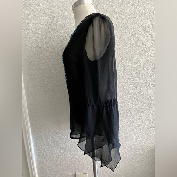 Vintage Issue Black sheer blouse size 12 black seed beaded turquoise accents - Picture 4 of 5